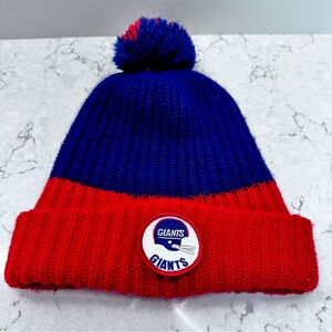 Vintage NFL New York Giants Knit Beanie Winter Hat Adult Pom Pom Red Blue